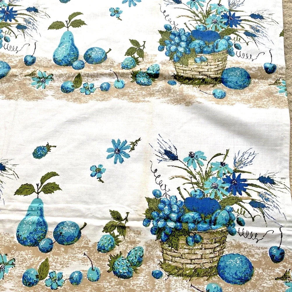 Vintage Tablecloth 70’s Handmade Picnic Buffet Cloth Aqua Blue Tan Fruit Basket